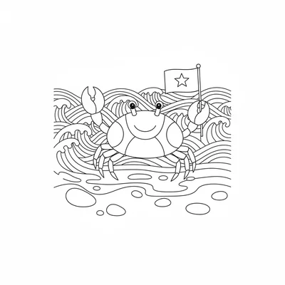 A happy crab on a beach holding a small flag in one claw, its round body coloring page