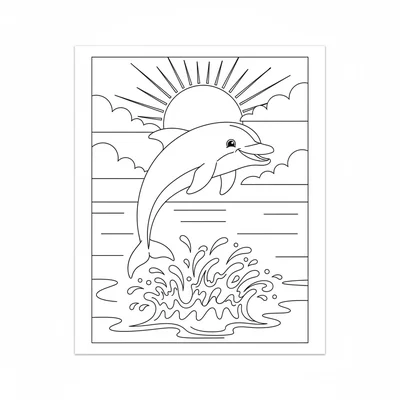 A happy dolphin leaping above a calm ocean surface, its sleek body arched coloring page