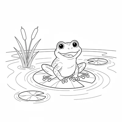 A happy frog sitting on a large lily pad in the center of a calm pond, its eyes coloring page