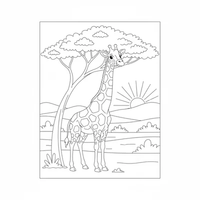 A happy giraffe standing beside a tall acacia tree, its long neck reaching up coloring page