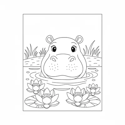 A happy hippo half-submerged in a muddy river, just its large rounded head coloring page