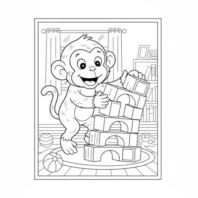 A happy monkey playing with building blocks, several large colorful rectangular coloring page
