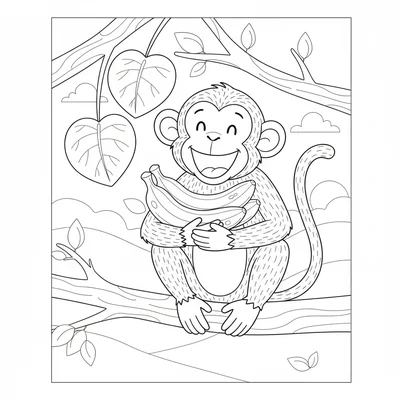 A happy monkey sitting in a tree with a bunch of bananas, its long tail wrapped coloring page