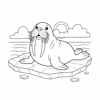 A happy walrus resting on a flat ice platform, its enormous round body with two coloring page