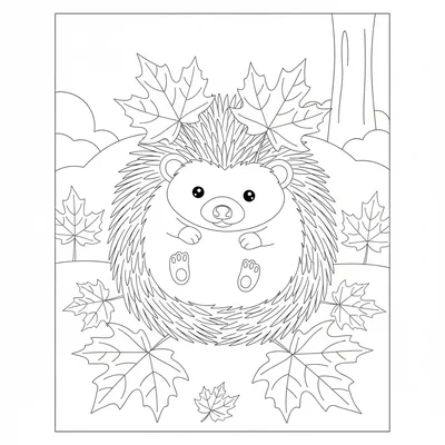 A hedgehog curled into a ball resting in a pile of autumn leaves, its spiky coloring page