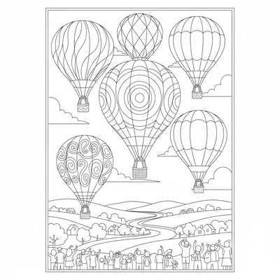 A hot air balloon race with six large balloons at different heights, each coloring page