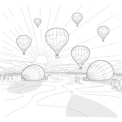 A hot-air balloon rally launching at dawn from a large coloring page