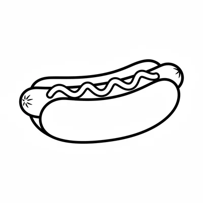 A simple hot dog in a bun, the long oval bun shape centered on the frame coloring page