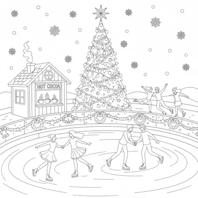 A ice skating rink scene with multiple skaters in different poses, spinning coloring page