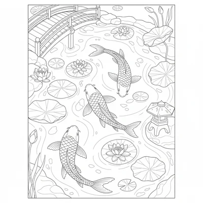 A Japanese koi garden pond viewed from above, several large koi fish coloring page