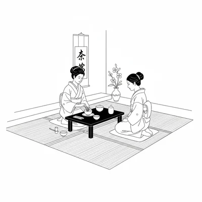 A Japanese tea ceremony scene with a host kneeling at a low lacquered table coloring page