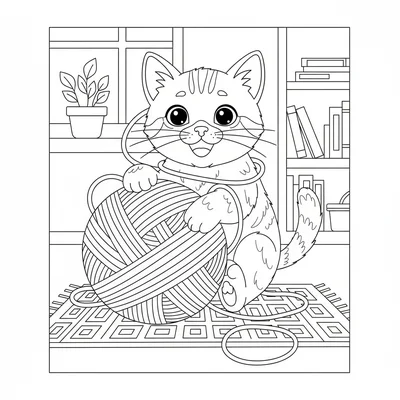 A kitten tangled playfully in a ball of yarn, the large round yarn ball coloring page