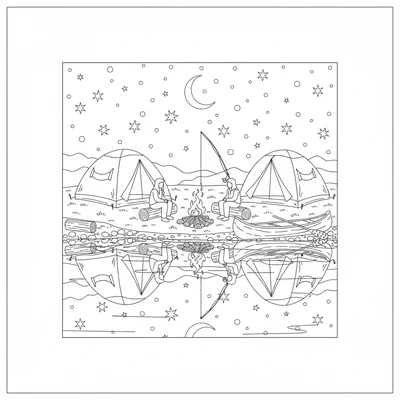 A lakeside camping scene with two dome tents, a campfire with logs arranged coloring page