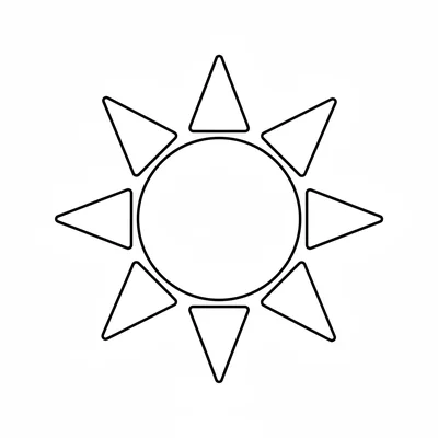 A large bright sun facing the viewer, its big round circle center surrounded coloring page