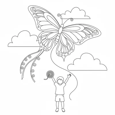 A large butterfly kite flying in the sky shaped like a butterfly with four wing coloring page