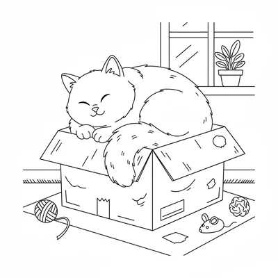 A large cat sleeping inside a cardboard box, curled in a tight ball that barely coloring page