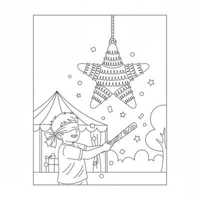 A large colorful pinata shaped like a star hanging from a rope, its paper coloring page
