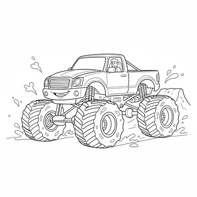 A large friendly monster truck facing the viewer from the side, its enormous coloring page
