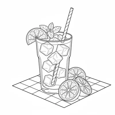 A large glass of lemonade with ice cubes and a lemon slice on the rim coloring page