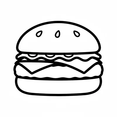 A large hamburger with a big round top bun sitting on a thick rectangular coloring page