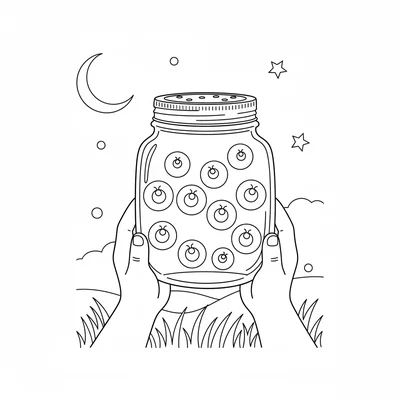 A large jar of fireflies at night, a dozen glowing dots visible inside the jar coloring page