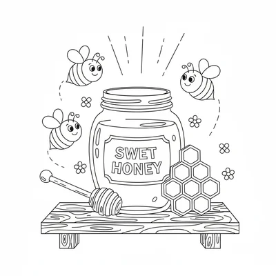 A large jar of honey with a wooden dipper resting against it, bees flying coloring page