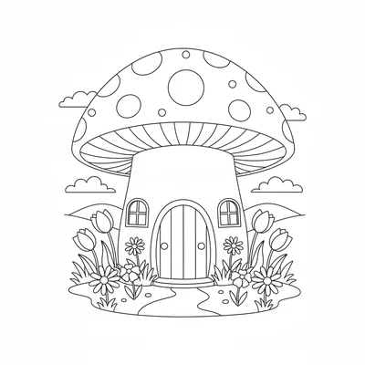 A large mushroom house with a circular red cap for the roof, white spots coloring page