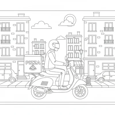 A large pizza delivery moped with a big insulated box on the back driving down coloring page