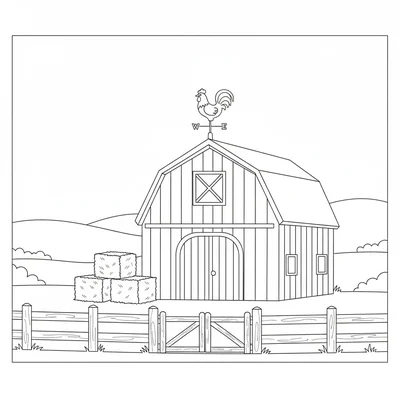 A large red barn with a wide arched double door in the front, a weathervane coloring page