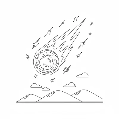 A large round meteor falling through a night sky leaving a bright trail coloring page