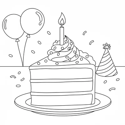 A large slice of layered birthday cake on a plate, its three visible cake coloring page