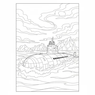 A large submarine surfacing in a polar sea, the hull rising coloring page