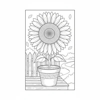 A large sunflower standing tall in a garden pot on a porch, its wide petals coloring page