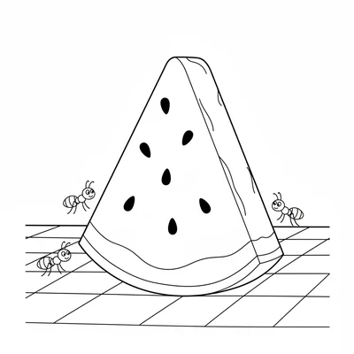 A large watermelon slice propped upright on a picnic table, its wide coloring page