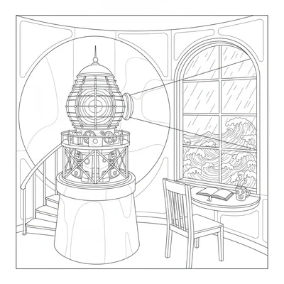 A lighthouse keeper's watch room at night with the light coloring page