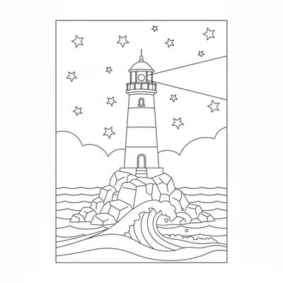 A simple lighthouse on a rocky point at night with its beam of light sweeping coloring page