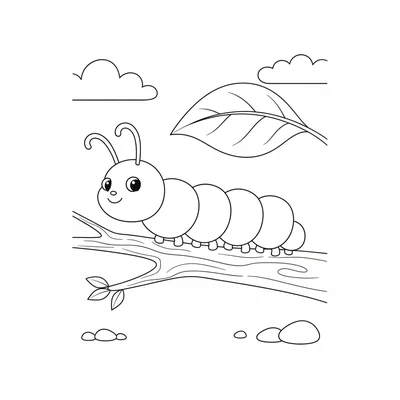 A little caterpillar moving along a thick green branch, its segmented body coloring page