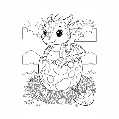 A little purple dragon hatching from a large spotted egg, its head and one claw coloring page