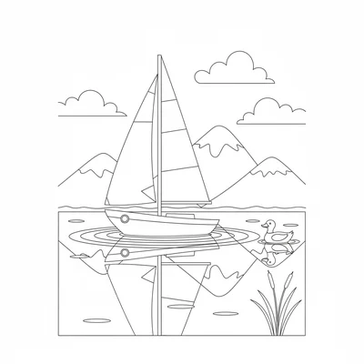 A little sailboat on a calm lake with its tall triangular sail catching coloring page