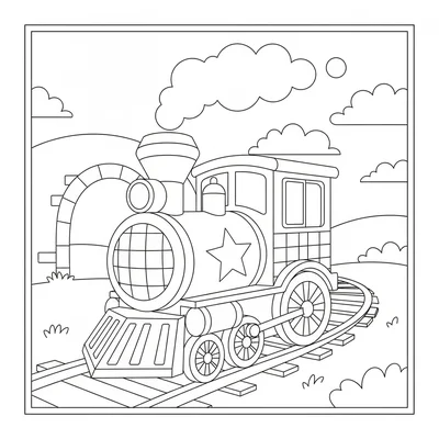 A little train engine on a simple curved track, its round boiler and square cab coloring page