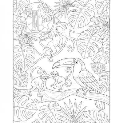 A lively jungle scene with a large toucan perched on a branch coloring page