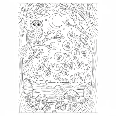 A magical forest clearing at night with fireflies forming a glowing swarm coloring page