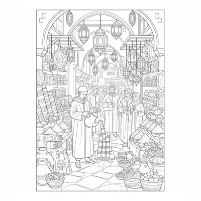 A market day in a Moroccan souk with narrow lane arched overhead with colorful coloring page