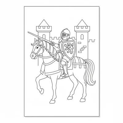 A simple medieval knight in full armor riding a horse, the knight holding coloring page