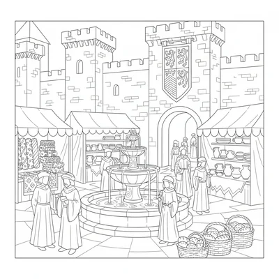 A medieval marketplace with a central fountain surrounded by vendor booths coloring page