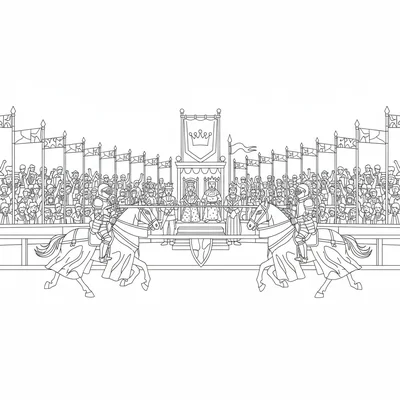 A medieval tournament jousting arena with two mounted coloring page