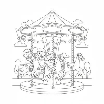A simple merry-go-round carousel with three horses visible in the foreground coloring page