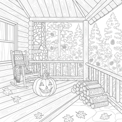 A mountain cabin porch in autumn, a rocking chair with a blanket draped over coloring page