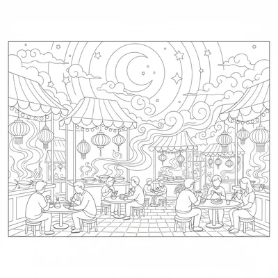 A night market scene with rows of illuminated stalls selling street food, each coloring page