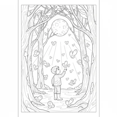 A night-time firefly forest clearing scene with a child in pajamas and wellies coloring page